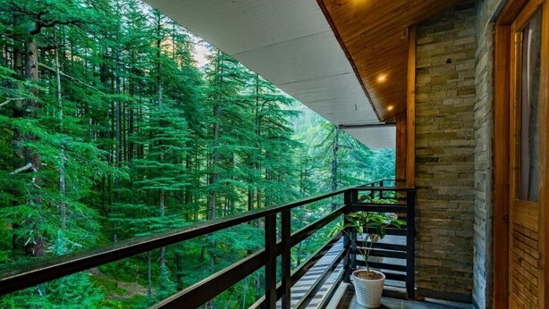 A balcony with a view of a dense forest. - The Hosteller Kasol (Bhuntar)