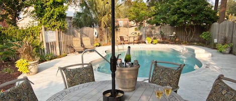 Seasonal outdoor pool, sun loungers