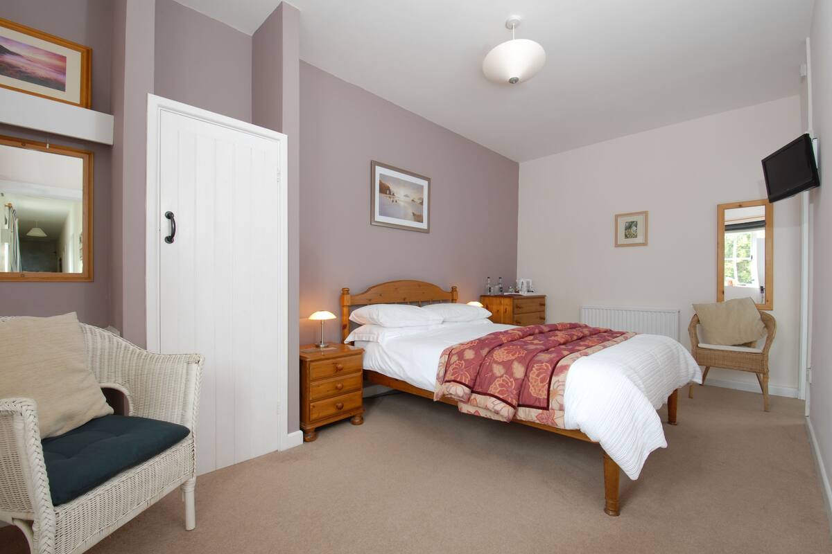 A bedroom with a bed, a chair, a bedside table, a dresser, a mirror, and a television.