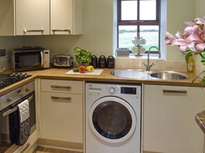 Une cuisine compacte équipée d’un lave-linge, d’un grille-pain, d ’un four à micro-ondes et d’un évier.