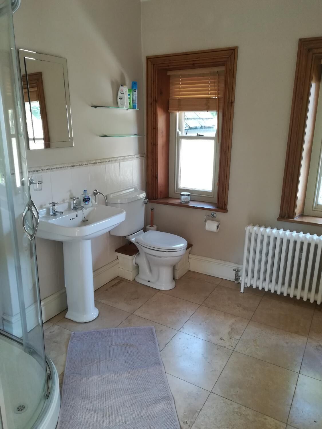 Een badkamer met een wastafel op een zuil, toilet en een raam met zonwering.