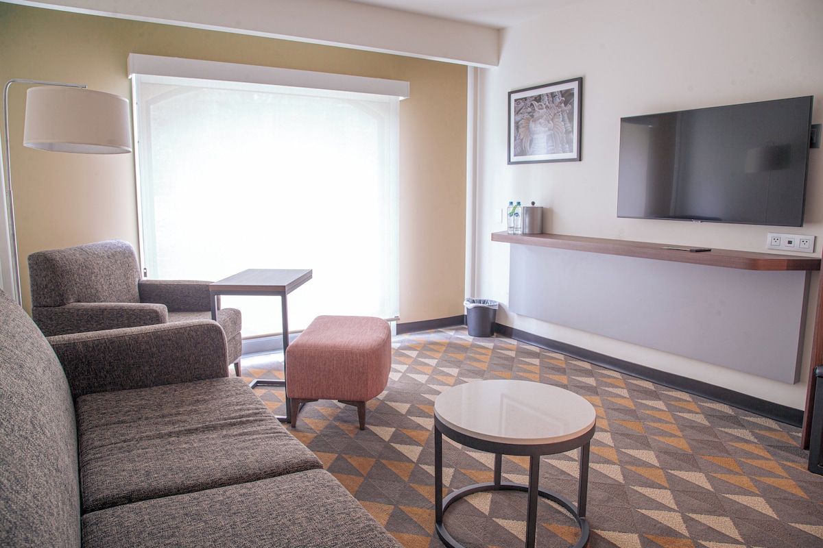 Quarto de hotel com sofá, mesa pequena, televisão e tapete estampado.