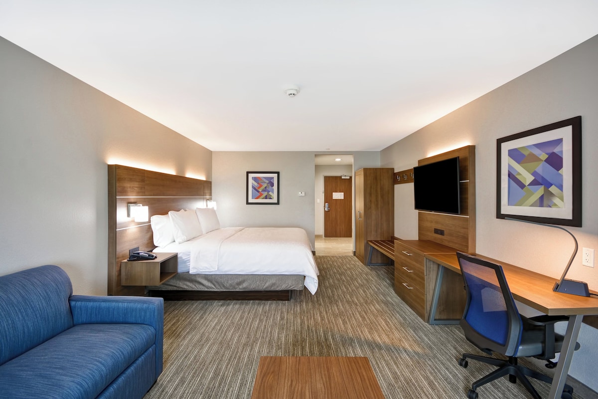 A hotel room with a bed, a desk, a chair, a TV, and a sofa.
