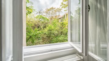 Design apartman, 1 queen (nagyméretű) franciaágy és egy kinyithatókanapé (GREEN) | Udvarra néző
