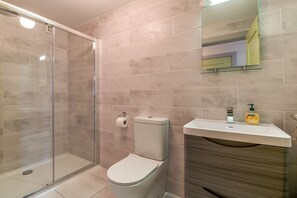 A modern bathroom with a glass shower enclosure, a toilet, and a vanity with a mirror. - The Central Park Apartment 1 (Killarney)
