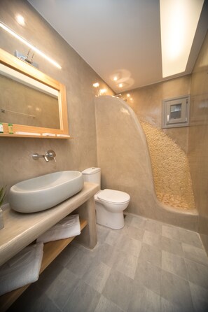 A modern bathroom with a large oval sink, a toilet, and a shower area.