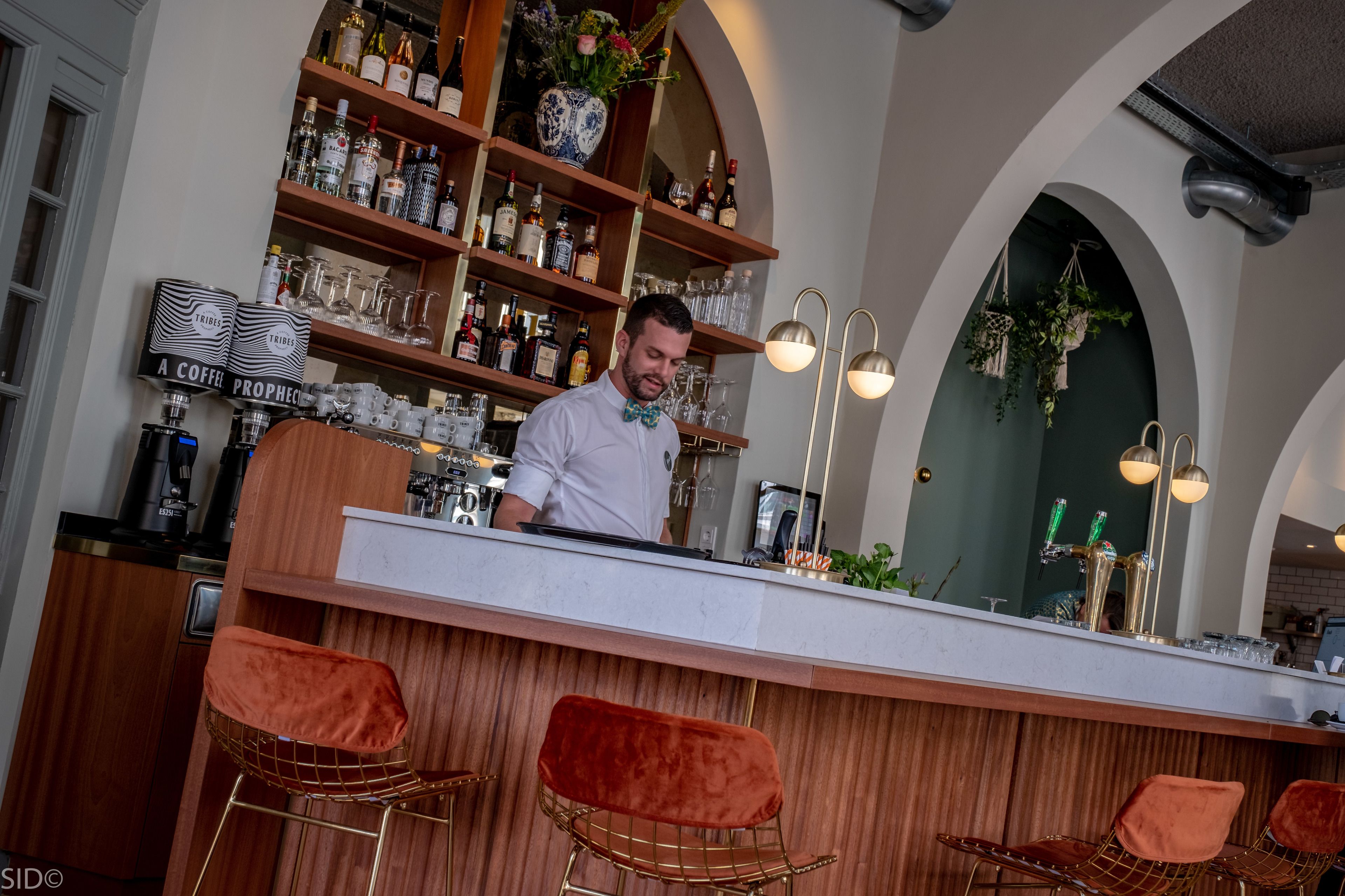 Una zona de bar con un cantinero, estantes de madera con botellas y una barra moderna.