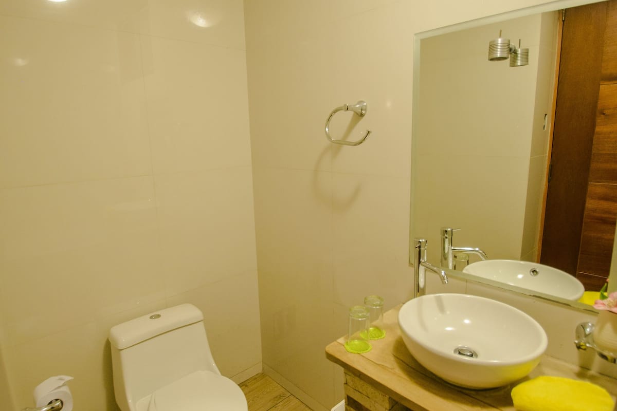 Duschwanne, Haartrockner, Handtücher, Seife