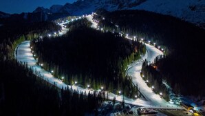 A snow-covered winding road with streetlights, surrounded by dense forest and mountains. - Casa Piva 1 (Val di Zoldo)