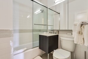 Hair dryer, towels, soap, shampoo