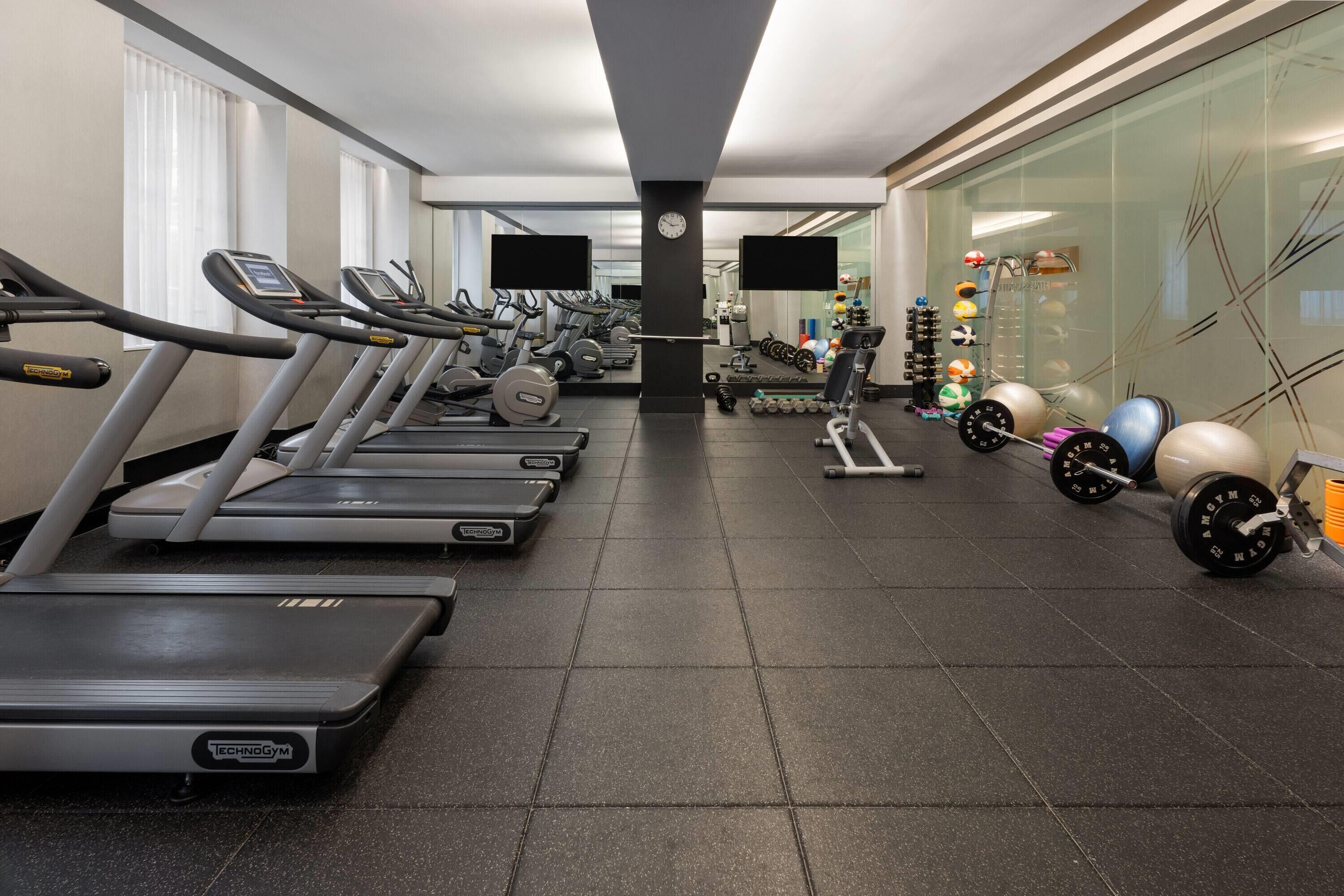 A gym with treadmills, weights, and exercise balls.