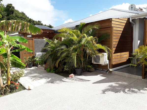 Una casa moderna con fachada de madera, rodeada de exuberante vegetación tropical y un camino de entrada de grava.