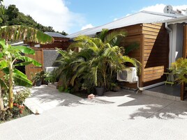 A modern house with a wooden exterior, surrounded by lush tropical plants and a gravel driveway.
