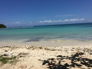 Una playa con agua turquesa cristalina, orilla de arena y algo de vegetación.