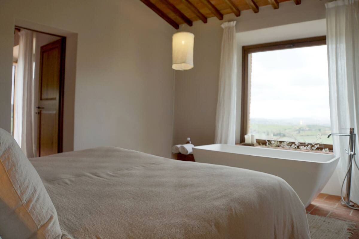 A bedroom with a large bed, a window with a view, a bathtub, and a door.