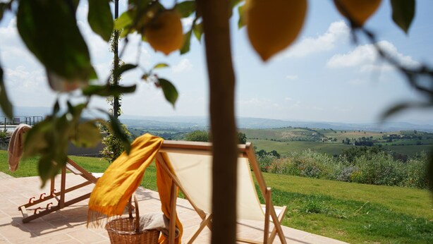 A wooden swing set with a white canvas backdrop, a wicker basket, and a yellow cloth on a patio overlooking a green landscape. - Marrucheti 82 (Campagnatico)
