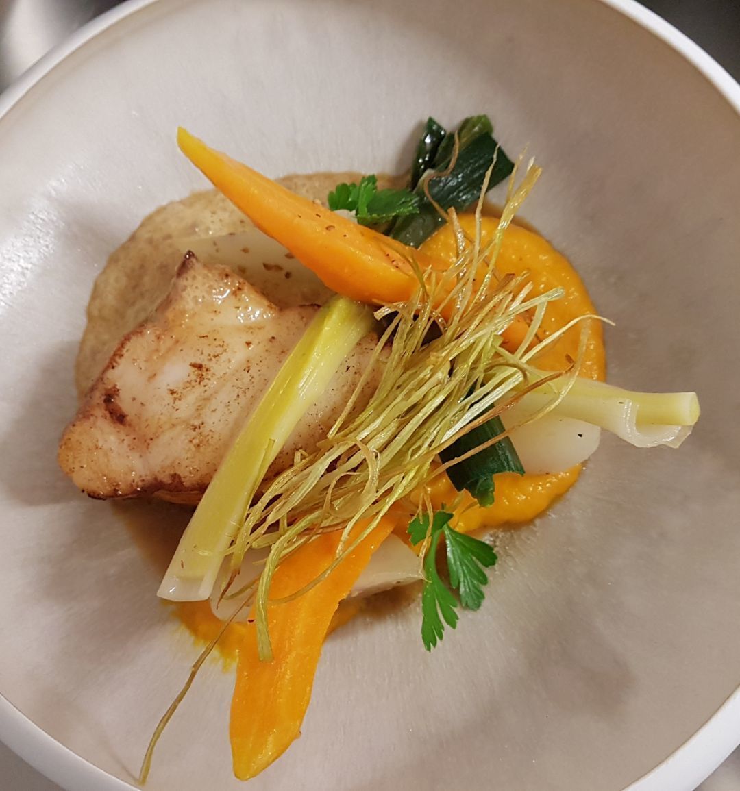 Ein Teller mit Fisch, Karotten und Grünzeug.