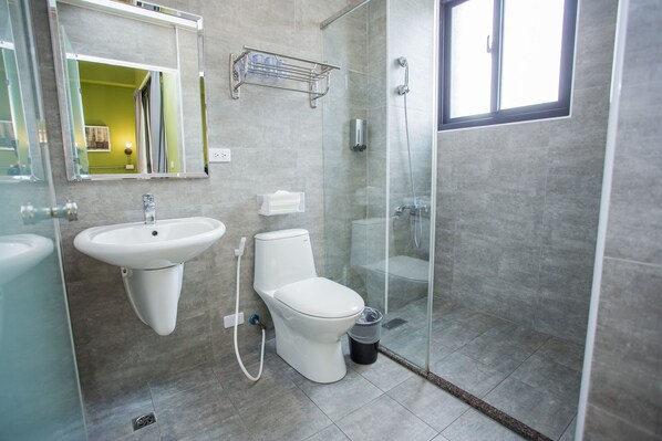 A modern bathroom with a glass-enclosed shower, a white sink, and a toilet.