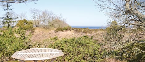 A wooden table with a metal frame, surrounded by natural vegetation and a view of the sea.