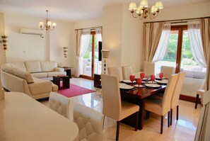 Villa, 3 Bedrooms, Private Pool | Living area | Flat-screen TV, fireplace, DVD player - 3 bedroom Villa Pera 12 with 10x5m private pool, within walking distance to resort village square, resort facilities, Aphrodite Hills (Kouklia)