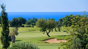 En golfbana med fri utsikt över havet.