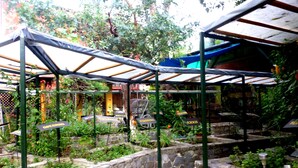A garden with stone walls and metal structures, possibly for plants. - Luxury Studio in Secure Atitlan Complex (Panajachel)
