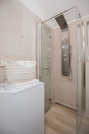 Shower, hair dryer, towels, soap
