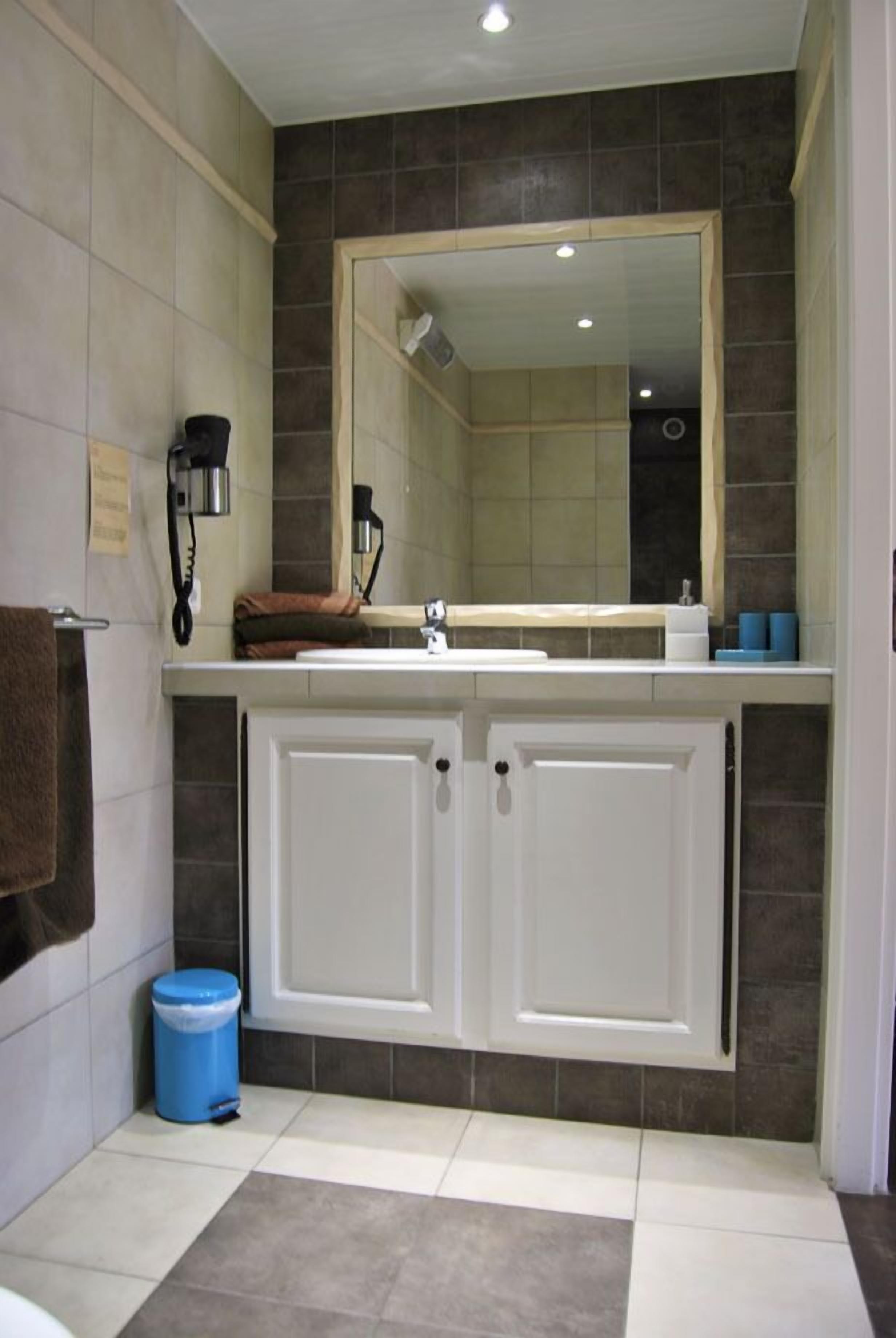 A bathroom with a white vanity, a large mirror, and a blue trash bin.