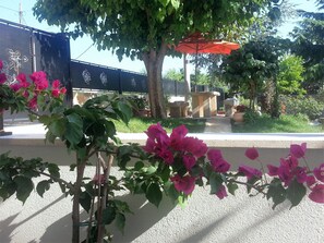 Un jardin agrémenté de bougainvilliers, d’un banc en pierre et d’un parasol rouge.