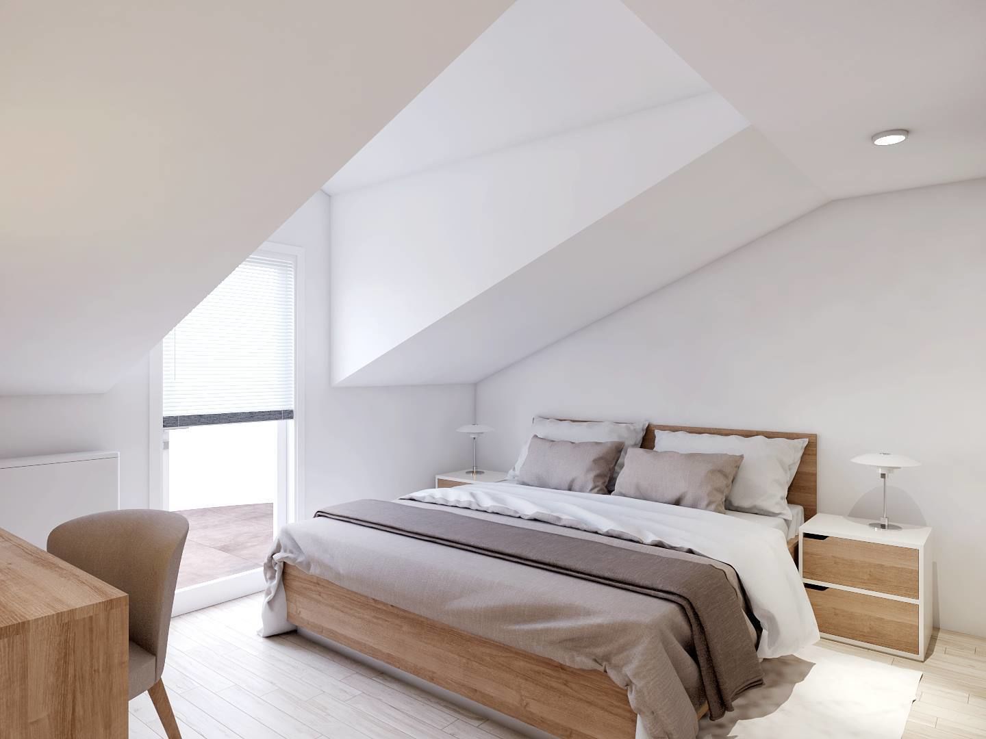 A modern bedroom with a sloped ceiling, a wooden bed frame, a bedside table, and a chair.