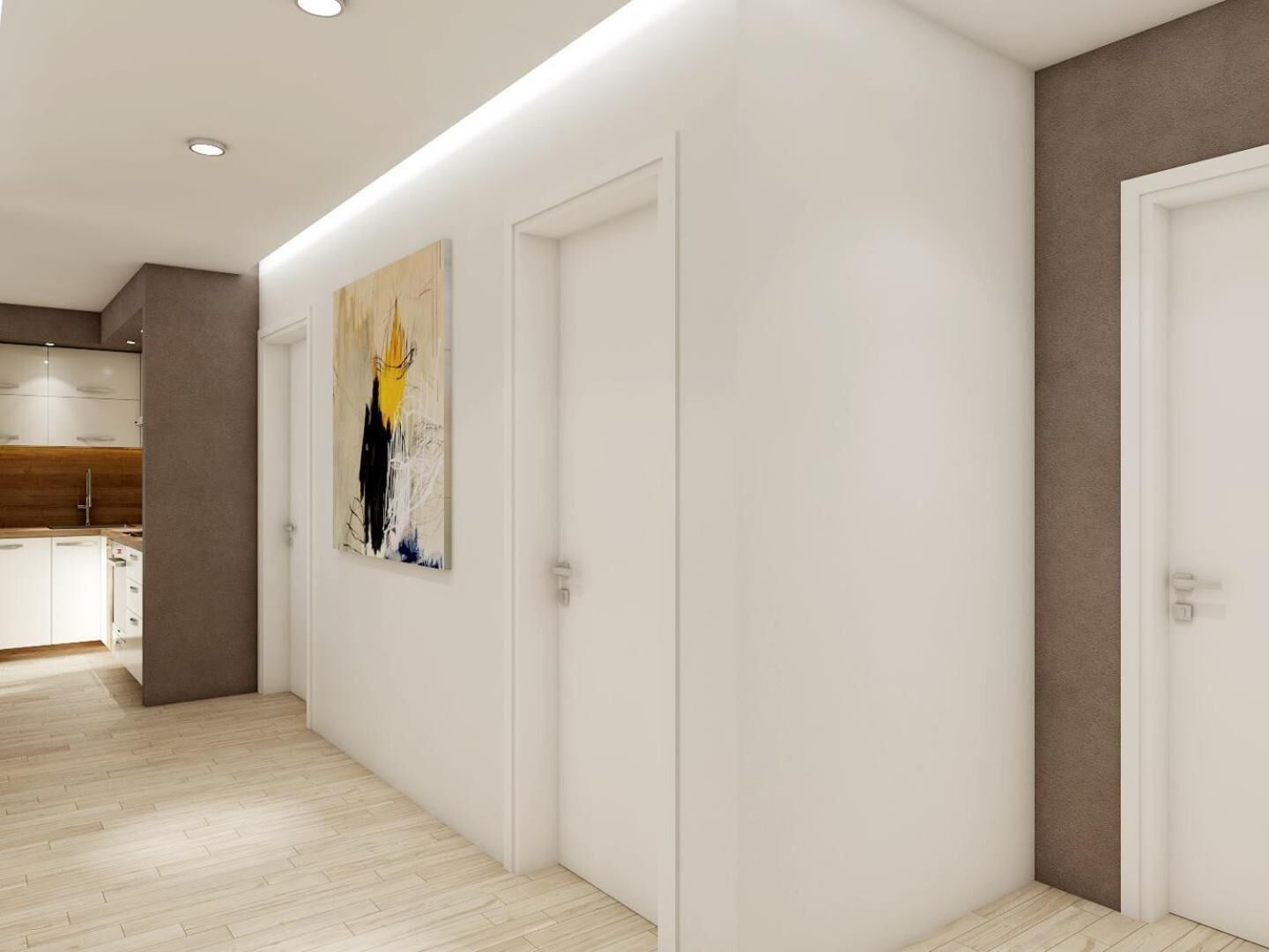 A hallway with white walls, a wooden floor, and a modern kitchen area visible to the left.