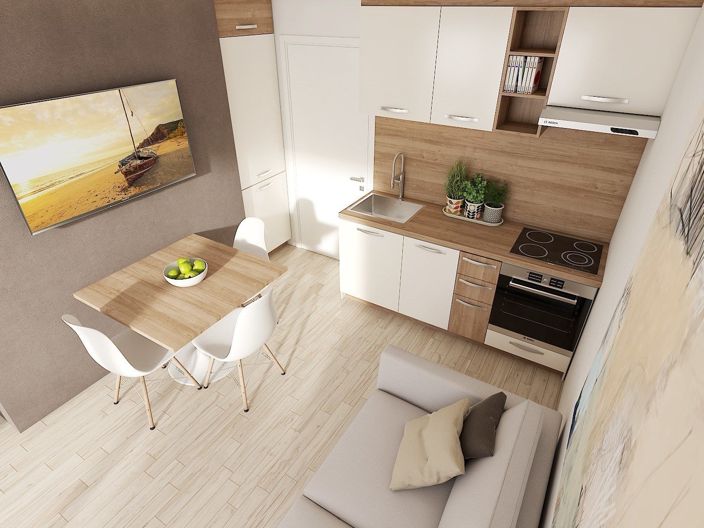 Eine moderne Küche mit weißen Schränken, einer Holz Arbeitsplatte und einem Bosch-Ofen. Es gibt eine Essecke mit Tisch und Stühlen sowie eine Couch mit Kissen.