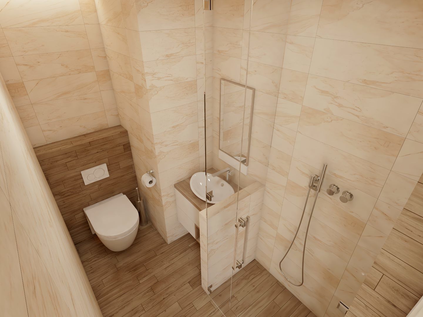 A bathroom with a toilet, sink, mirror, and shower.