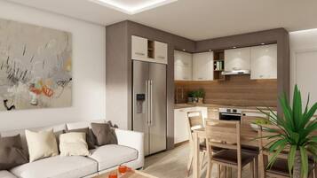 Una sala moderna con sofá, mesa de centro y comedor con sillas y mesa de madera.