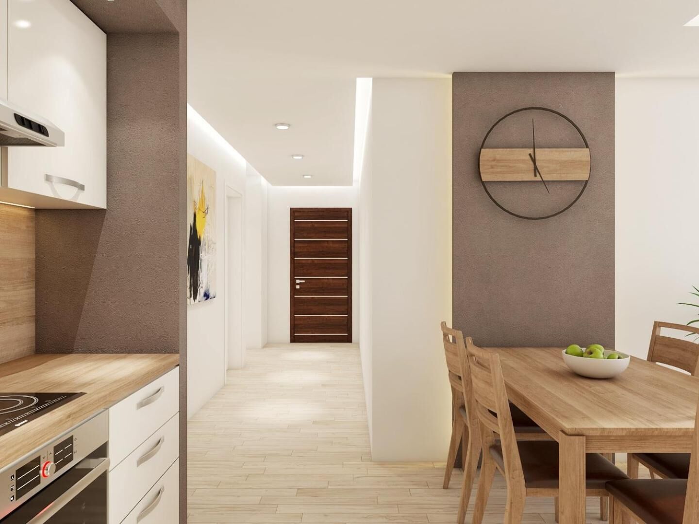 Una cocina moderna con armarios blancos, encimera de madera y horno empotrado.