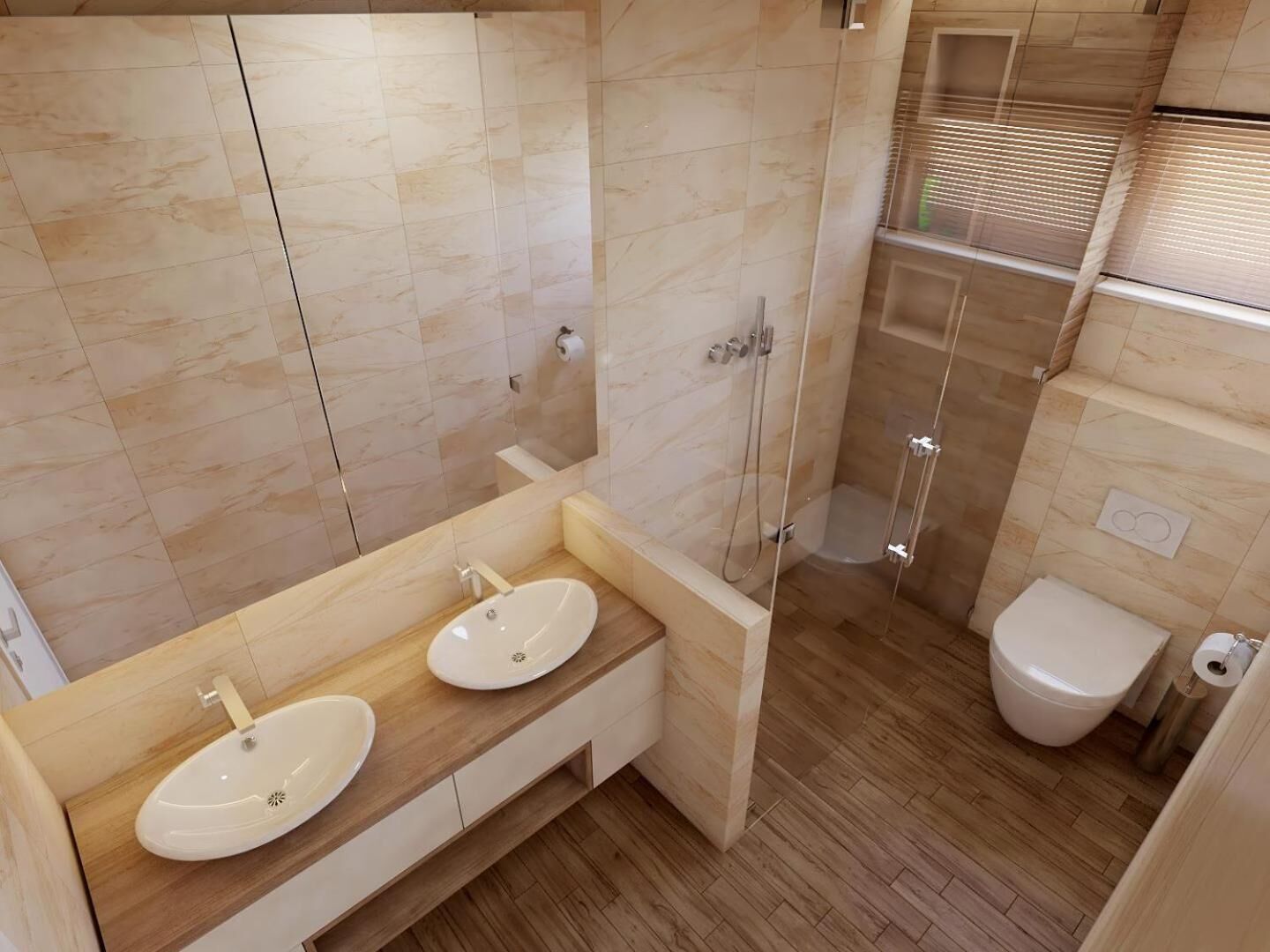 A modern bathroom with two sinks, a shower, and a toilet.