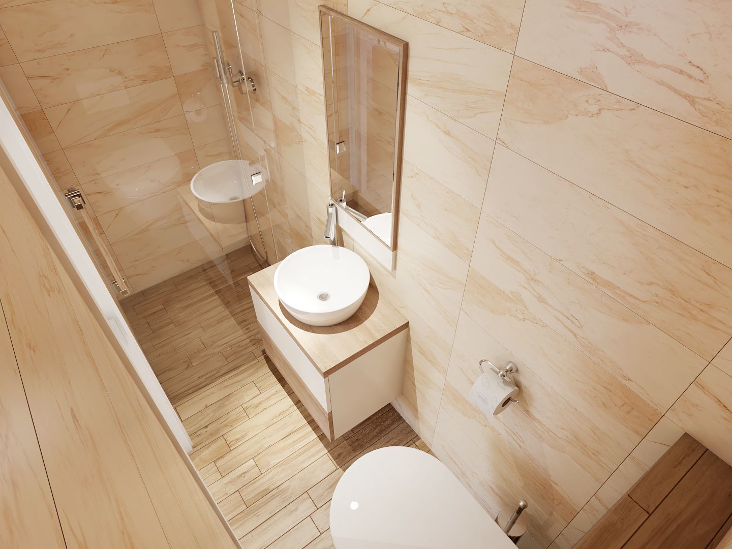 A modern bathroom with a sink, toilet, and shower.