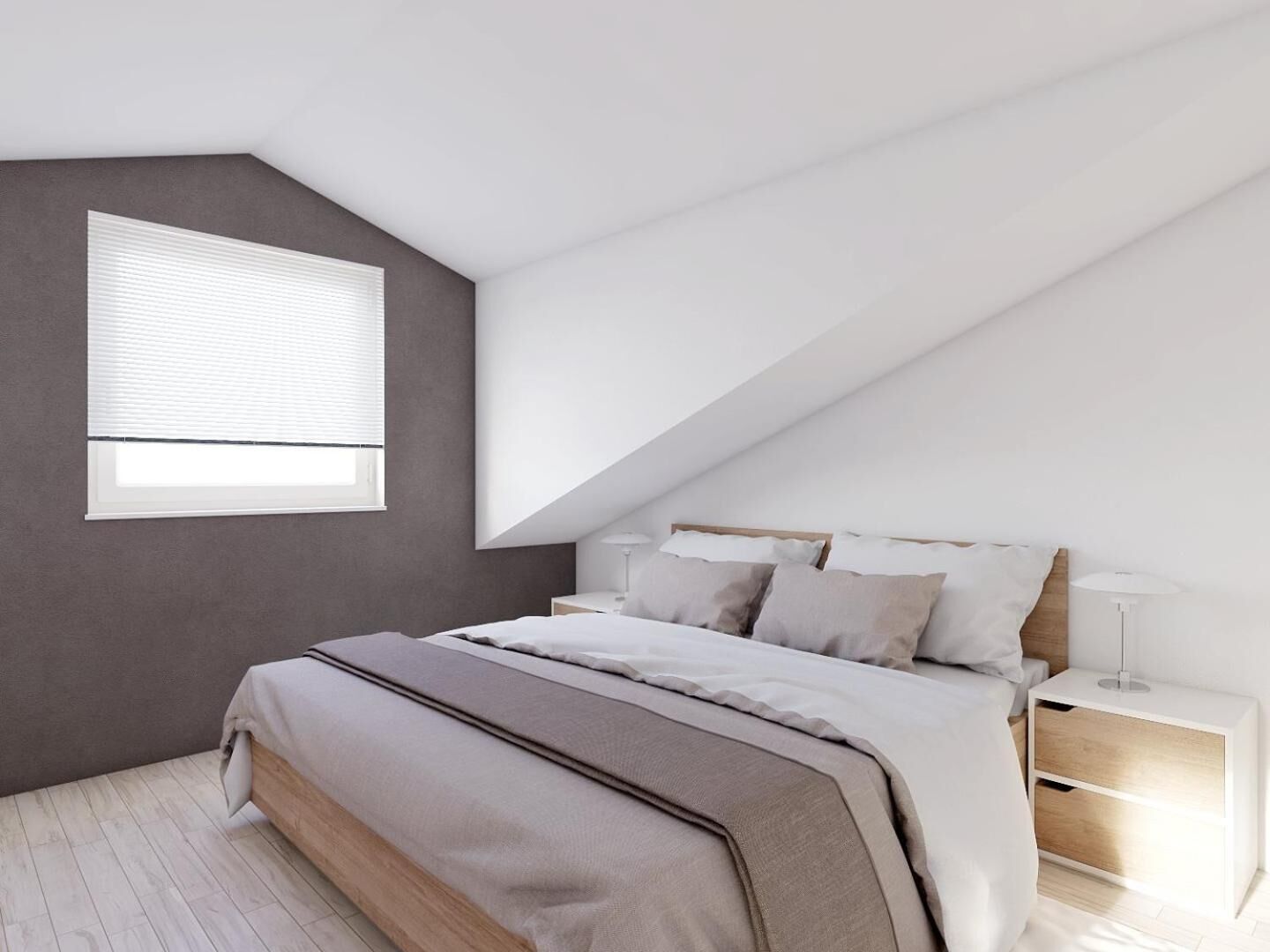 A modern bedroom with a sloped ceiling, a large window with blinds, a bed with a wooden headboard, a bedside table with a lamp, and a nightstand with drawers.