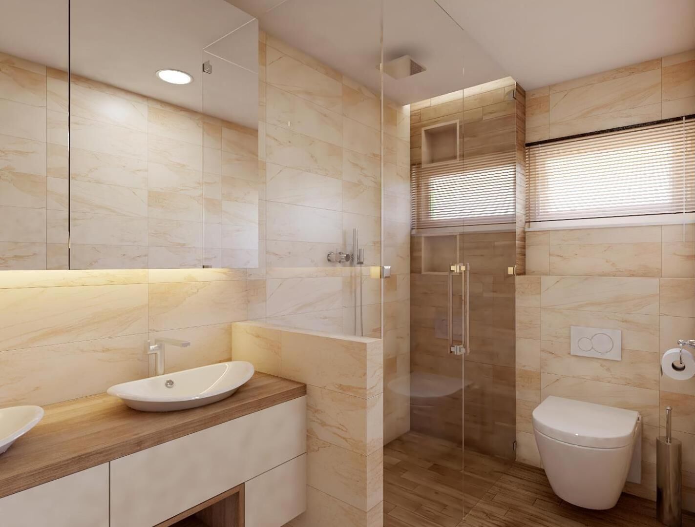 A modern bathroom with a large mirror, a sink, a toilet, and a glass-enclosed shower.