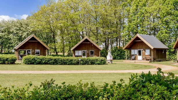 Three wooden cabins with pitched roofs, surrounded by lush greenery and trees. - Jelling Familie Camping (Jelling)