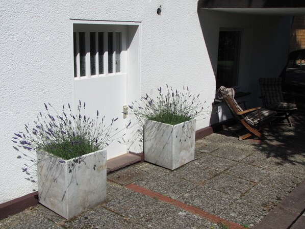 A white building with a door and window, two planters with lavender plants, and a wooden rocking chair.