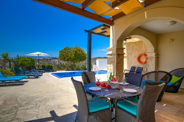 Villa | Terrace/patio - Stunning 3 bedroom villa 'BZ01' with private pool, stunning views, communal pool and resort facilities, Zephyros Village on Aphrodite Hills Re (Kouklia)