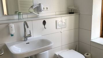 Shower, hair dryer, toilet paper