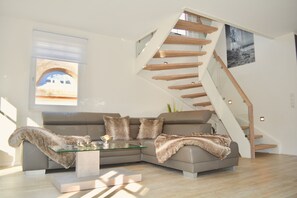 Älytelevisio, takka, DVD-soitin, kirjoja