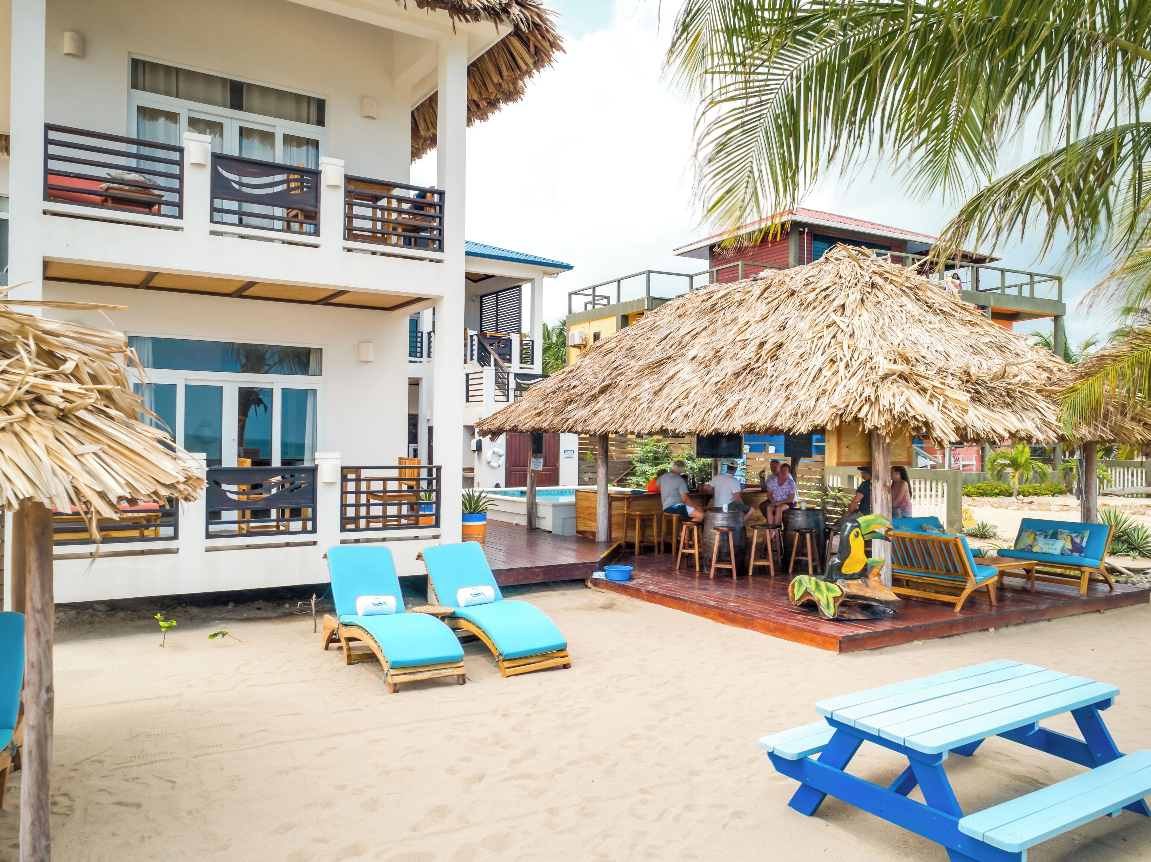 A beachside resort with lounge chairs, a bar area, and a pool.