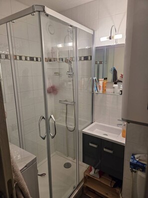 A modern bathroom with a glass-enclosed shower, a white sink, and a mirror above the vanity.