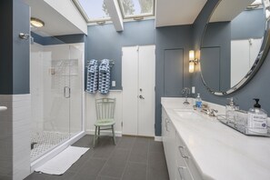 Baignoire, séchoir à cheveux, serviettes fournies, papier de toilette