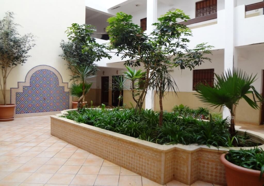 Une cour avec un sol carrelé, des plantes en pot et un mur décoratif.