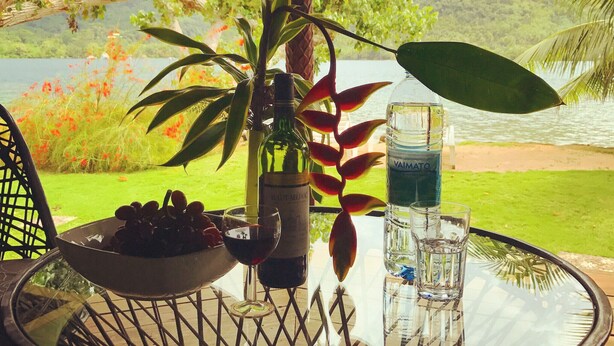Une table avec une bouteille de vin, un saladier de fruits et deux verres d’eau, disposés sur une véranda donnant sur un lac et des montagnes.