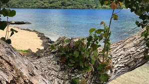 Un hamac sous un arbre, près d’un lac aux eaux d’un bleu limpide, avec des montagnes en arrière-plan.